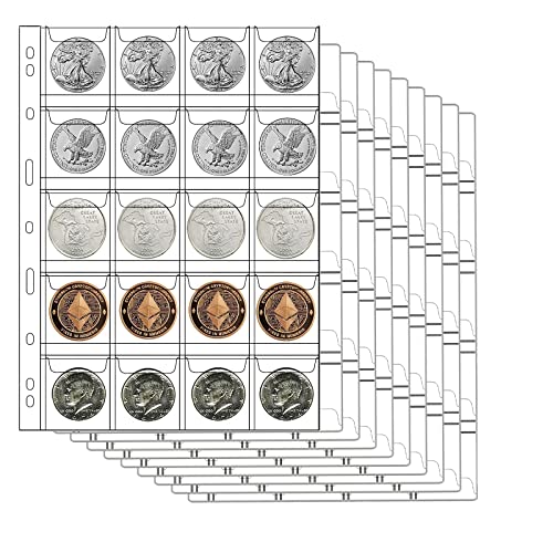 AITIME 20-Pocket Coin Sleeves, 10 Sheets Coin Pockets Pages for Binder - color: 10 Sheets-20 Pocket