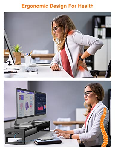 2 Tiers Dual Monitor Stand with Auto Charging Pad, 4 USB 3.0 Hub Ports, Double Monitor Riser, Metal Desk Stand with Storage, Long Screen Raiser for 2 Monitors/PC/Laptop/Computer Space Saver Organizer