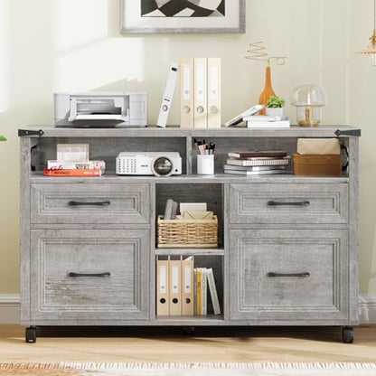 Halitaa Farmhouse Filing Cabinet with Adjustable Shelf & Wheels, Grey - color: Grey, size: 4 Drawers&Wheels