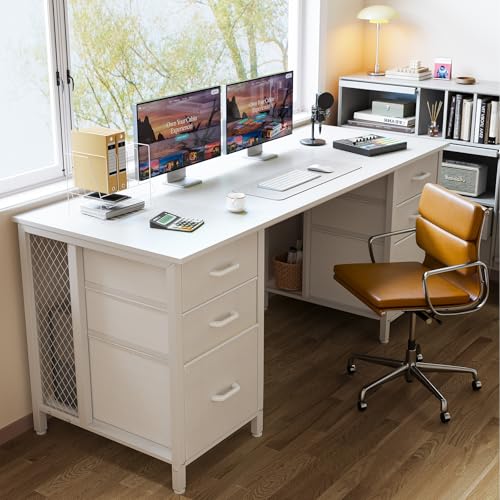 ODK 63 inch Computer Desk with 6 Fabric Drawers, Home Office Desk | White Desk with File Drawers Cabinet, Writing Table Desk with Large Storage for Study, Gaming - color: White