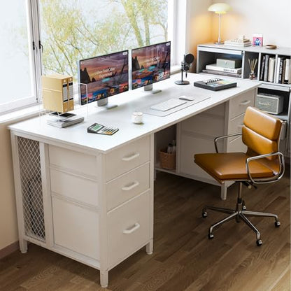 ODK 63 inch Computer Desk with 6 Fabric Drawers, Home Office Desk | White Desk with File Drawers Cabinet, Writing Table Desk with Large Storage for Study, Gaming - color: White