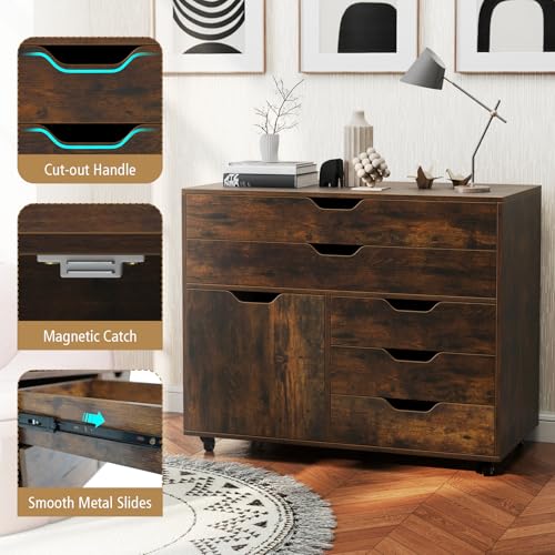 MAT EXPERT 5-Drawer Mobile File Cabinet w/Door, Lateral Filing Cabinet w/5 Universal Wheels, Rolling File Cabinets with Storage, Modern Wood Printer Stand for Home Office, Living Room (Rustic Brown) - color: Rustic Brown