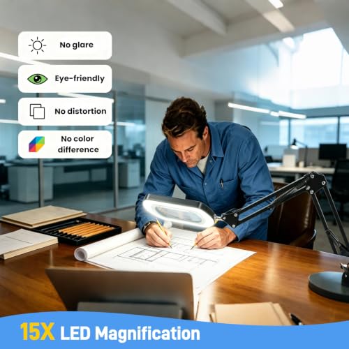 WEEOATAR 15X Lit Magnifying Glass Led Magnifier with Stand, Foldable, 5 Color Modes, Stepless Dimming, 2 in 1 Magnifier for Desk and Clamp for Reading, Sewing and DIY (Square) - style: Square