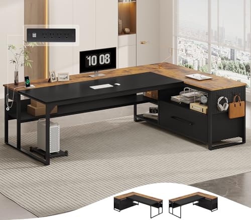 UPOSOJA 71" Executive Desk, L Shaped Office Desk with Widen File Drawers - color: Brown, size: Widen Drawer