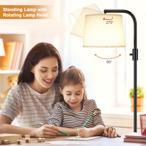 Fully Dimmable Floor Lamp with 9W LED Bulb, Standing Lamp for Living Room with Adjustable Head, Modern Tall Light with Rotary Switch for Office, Black and White - color: C:Black and Linen White