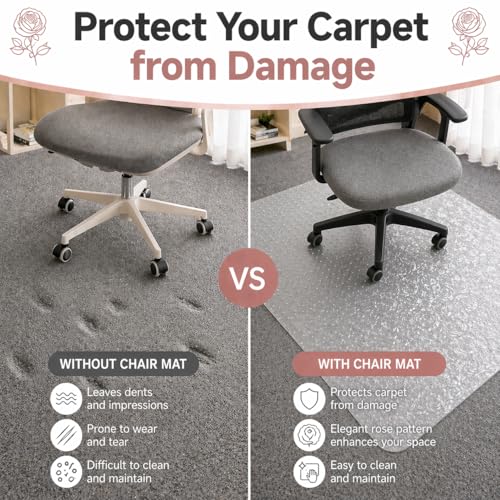 45"x53" Rose Pattern Office Chair Mat, Clear Carpet Floor Protector - size: 45"x 53" with Rose Pattern