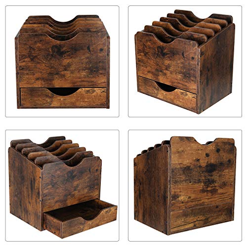PAG-Mass Wood Desktop File Holder Organizer Mail Sorter with Drawer, for File Folders, Mails, Envelopes, Mailing Supplies or Magazines, 6 Compartments, Antique Brown