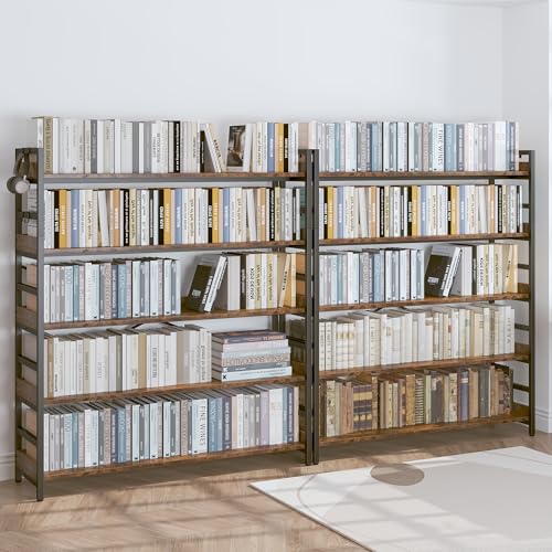 HCHQHS 5 Tier Bookshelf, Adjustable Industrial Bookcase, Vertical Tall Book Shelf, Wood and Black Metal Open Bookshelves for Home Office, Living Room, Bedroom - color: Rustic Brown, size: 5-Tier (47"W x 57"H)