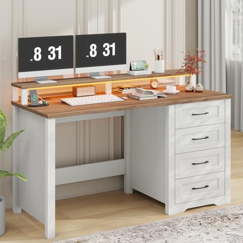 Vabches 47" Farmhouse Executive Desk with 4 Drawers,LED Lights,Unique White - color: Unique White, size: 4 Drawers & Monitor Stand