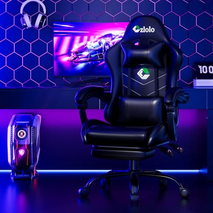 Czlolo Gaming Chair with Footrest Racing Style Lumbar Support Massager Video Game Chair with Metal Legs, High Back Gamer Chair with Headrest, 360° Swivel Office Computer Desk Chair (Black) - color: Black