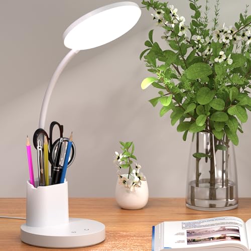 LED Desk Lamp for College Dorm with Pen Phone Holder, White - color: White