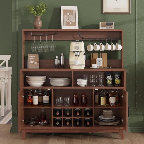 Fluted Buffet Cabinet with Storage, Modern Coffee Bar Cabinet, Walnut - color: Walnut, size: Coffee Bar - 15.6"D x 47.2"W x 49.6"H