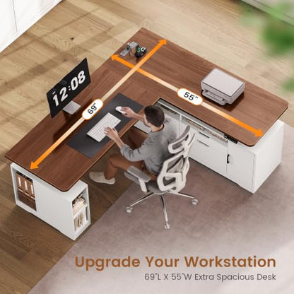 SEDETA Modern L Shaped Executive Electric Standing Desk with 4 Drawers | 69" x 55" Height Adjustable Office Desk with Storage Shelves, Power Outlet, Sit Stand Computer Desk, White and Brown - color: Modern White + Brown