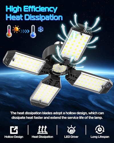Garage Light - 8PACK 130W 13000LM Deformable 4+1 Panel LED Garage Ceiling Lights with LED Transformer, E26/27 Base, 6500K Daylight White Shop Light for Factory, Storage Room, Warehouse