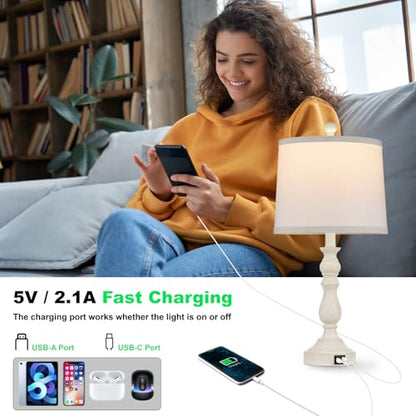 23'' Table Lamps Set of 2, Lamps for Bedroom, USB C+A Ports, Beige - color: B.White, Grey