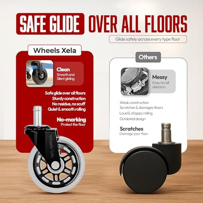 Office Chair Wheels, Heavy-Duty Replacement Rubber Chair Caster for Hardwood Floors & Carpet, Desk & Gaming Chair, Roller Blade Wheels for Computer Gaming Desk Chairs, Fits 98% Chair-3 Inch Set of 5 - color: Clear