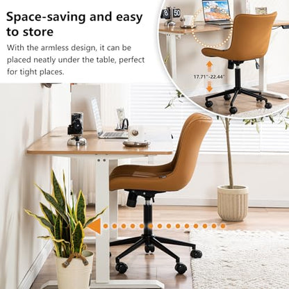 YOUNIKE Office Desk Chair with Wheels Armless Vanity Chair Modern Tan | Faux Leather Upholstered with Rocking Back, Swivel Height Adjustable Small Cute Computer Rolling Task Chair Ergonomic 300lb - color: Tan, size: Base Black