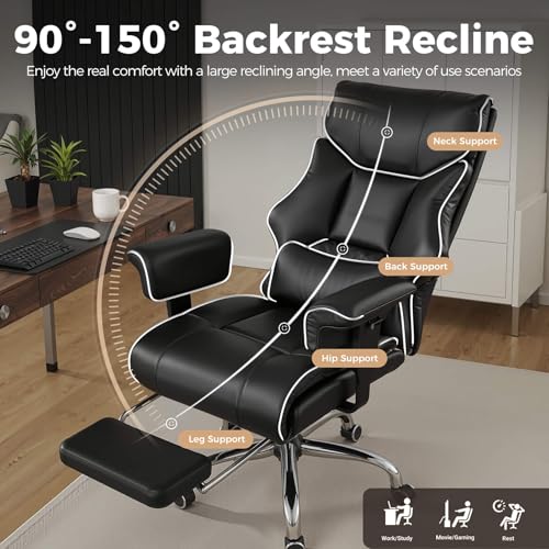 GTPLAYER Big and Tall Gaming Chair 400lbs Heavy Duty Office Chair with Foot Rest & Ergonomic Pocket Spring Cushion, High Back Lumbar Support for Lower Back Pain Relief, White/Black - color: White-black