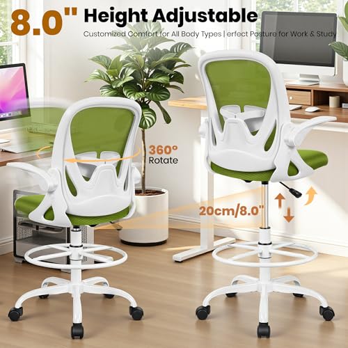 Primy Drafting Chair Tall Office Chair with Flip-up Armrests Executive Ergonomic Computer Standing Desk Chair with Lumbar Support and Adjustable Footrest Ring (AvocadoGreen) - color: Avocado Green, size: 934-Z