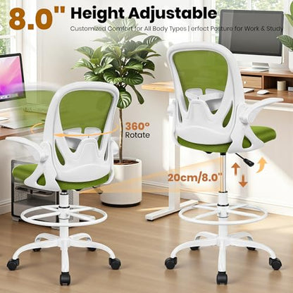 Primy Drafting Chair Tall Office Chair with Flip-up Armrests Executive Ergonomic Computer Standing Desk Chair with Lumbar Support and Adjustable Footrest Ring (AvocadoGreen) - color: Avocado Green, size: 934-Z