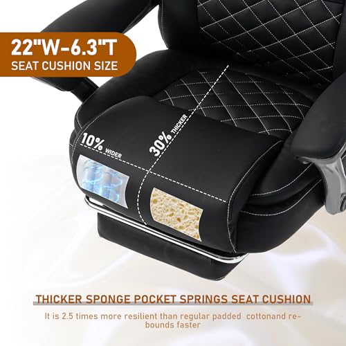 500 lbs Office Chair with Foot Rest, Reclining Executive Chair Black | Big & Tall Computer Desk Chair, PU Ergonomic Lumbar Support, Thicker Pocket Spring Cushion, High Back - color: Black