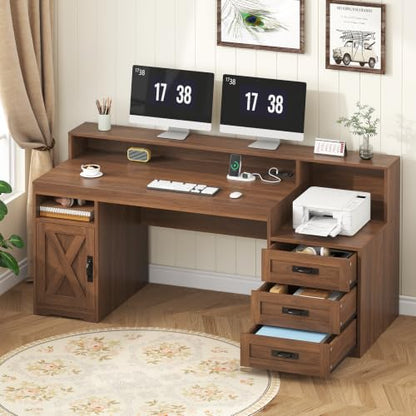 65" Farmhouse Computer Desk with Drawers and Printer Stand for Home Office - color: Brown