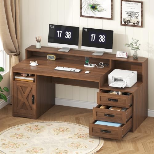 65" Farmhouse Computer Desk with Drawers and Printer Stand for Home Office - color: Brown