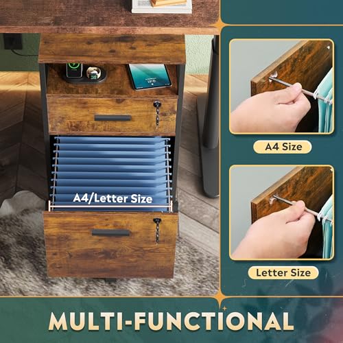 DEVAISE 2 Drawer File Cabinet with Lock, Charging Station, Brown | Adjustable Shelf, Rustic Wood Filing Cabinet, Mobile Printer Stand for A4/Letter Size Home Office - color: Rustic Brown, size: 2 Drawer