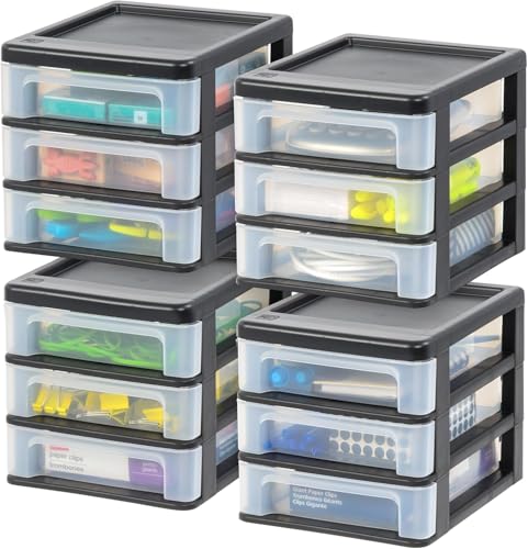 IRIS USA 4-Pack, 3-Drawer Small Plastic Stacking Desktop Organizer, Black | Organize office supplies, stationery, makeup, craft materials and everyday essentials for neat desktop storage - color: Black, style: Small - 4 Pack