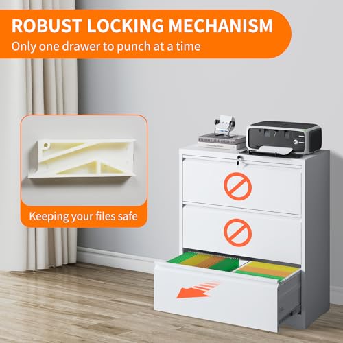 3 Drawer Lateral File Cabinet with Lock,White Metal Filing Cabinet - color: White, size: 40.4"H-3 drawers