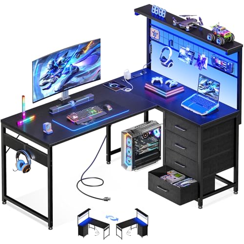 MOTPK 43" L Shaped Gaming Desk with Shelf, Hutch & 4 Drawers, Black | Compact corner computer table. Reversible study desk with LED light, power outlets & USB ports. Home office. - color: Black, size: 43 Inch