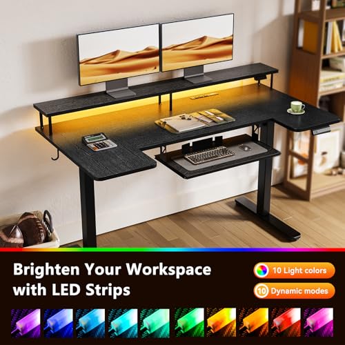 OffiGo 55 Inch U Shaped Electric Standing Desk with Keyboard Tray, Black - color: Black, size: 55 Inch