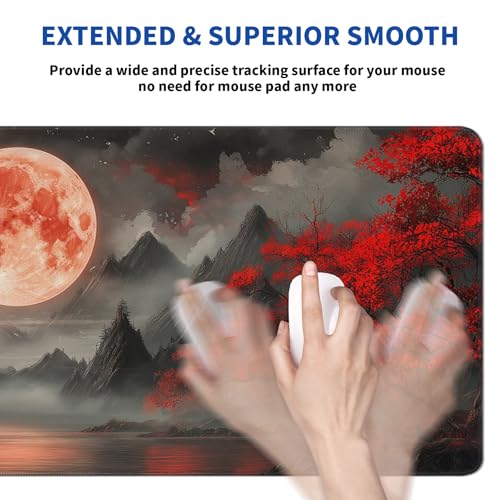 Darkness Red Moon Mouse Pad Abstract Red Mouse Pad 31.5x11.8 Inch Texture Non-Slip Rubber Base Large Mousepad Stitched Edges Keyboard Mouse Mat Desk Pad for Office and Home - color: Darkness Red Moon