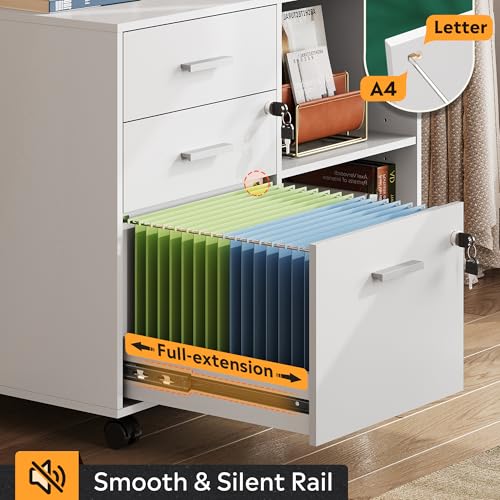 DEVAISE 3-Drawer File Cabinet with Lock, Mobile Wood Filing Cabinet, White | Rolling Printer Stand, Office Cabinet, Open Storage Shelves, Letter & A4 Compatible, Home Office, Under Desk Storage - color: White