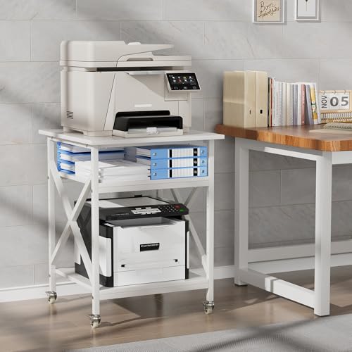 3 Tier Printer Stand, Large 23.6"x23.6" Printer Table with Wheels | 3d Rolling Printer Cart with Height Adjustable Storage Shelf,Fit printer/fax/3d/scanner for Home Office, White - color: White