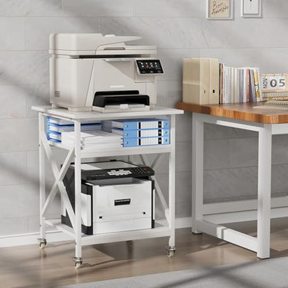 3 Tier Printer Stand, Large 23.6"x23.6" Printer Table with Wheels | 3d Rolling Printer Cart with Height Adjustable Storage Shelf,Fit printer/fax/3d/scanner for Home Office, White - color: White