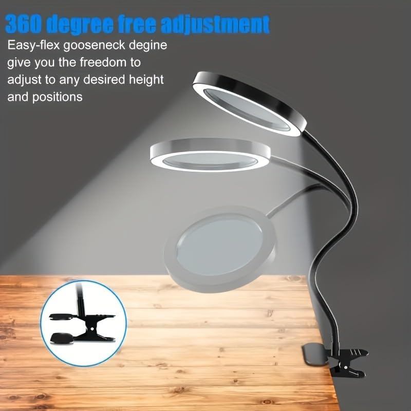Diamond Painting Tool with Magnifying Glass + Lighting, Clip-On 5V USB LED Magnifier - 3 Color Modes, 10 Brightness Levels, Hands-Free 10x Magnifying Lamp with Flexible 14.9" Gooseneck