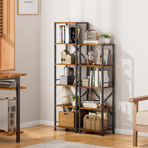 Furologee 5 Tier Book Shelf, Tall Wide Bookshelf, Industrial Open Bookcase, Display Shelves Storage Organizer, Shelving Unit for Living Room, Home Office, Bedroom, Rustic Brown | 20'' Wide Industrial Storage Shelves with X Crossbar, Shelving Units for Bed