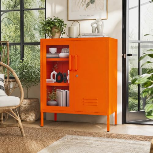 Lockable Metal Storage Cabinet Locker Adjustable Shelves, Modern Cabinets Versatile Storage Lockers Easy Assembly Durable Metal Sideboard Furniture for Living Room Home Office Orange - color: Orange, style: 33"H-Locker-BT