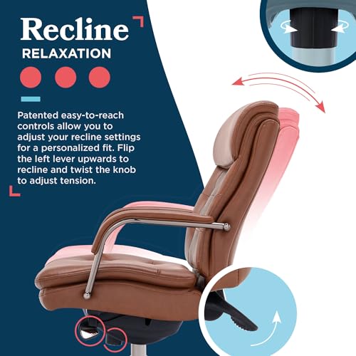 La-Z-Boy Sonata Executive Mid-Back Office Chair, Button-Tufted Seat and Back, Double-Layer Cushion, Padded Armrests, Ergonomic Computer DeskChair, Swivel Metal Base, Bonded Leather, Cognac/Graphite - color: Cognac and Graphite