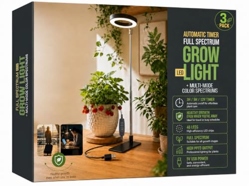 Grow Lights for Indoor Plants, Full Spectrum Halo Grow Light with Base - size: 3Pack