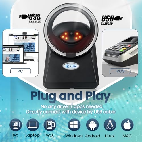 OBZ Desktop Barcode Scanne Hands-Free USB Desktop Automatic QR Code Reader | Omnidirectional Automatic scanning,Compatible with Windows,Android,Linux,MAC,1D,2D Codes in Retail Checkout use,2M USB Wired - style: Circle