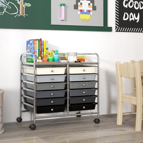 LDAILY Rolling Storage Cart with 12 Drawer for Classroom Storage, Gray - color: Gradient Grey, size: 12 Drawer