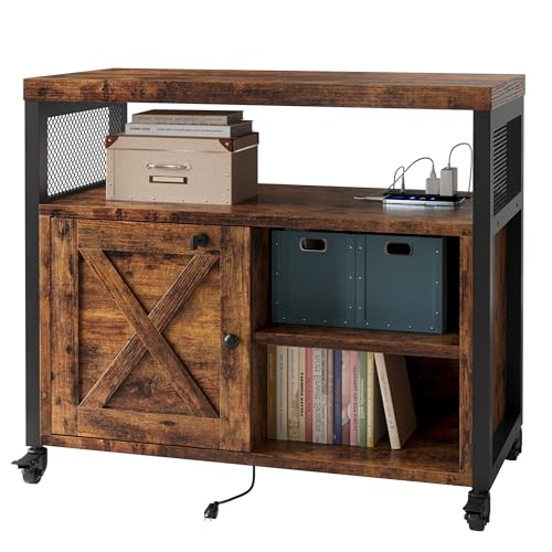 FUSUNBAO Farmhouse Printer Stand with Storage, Printer Table with Charge Station and Wheels, Rolling Printer Cabinet with Shelves, Printer Cart, and File Cabinet for Home Office Storage(Rustic Brown) - color: Rustic Brown