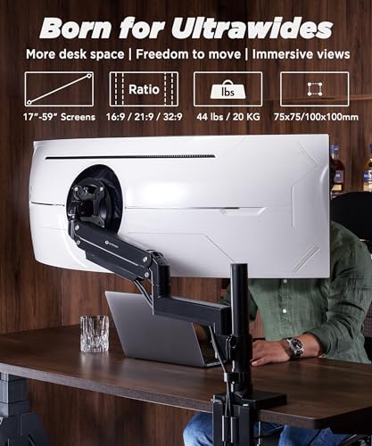 ULTRARM Heavy Duty Monitor Arm for Ultrawide Monitors up to 57" and 44 lbs, Single Desk Stand, Pneumatic Height Adjustable, Modular Extension Arms - Max VESA 100x100, Black, MA20P-S - color: Black, size: Single Monitor Arm