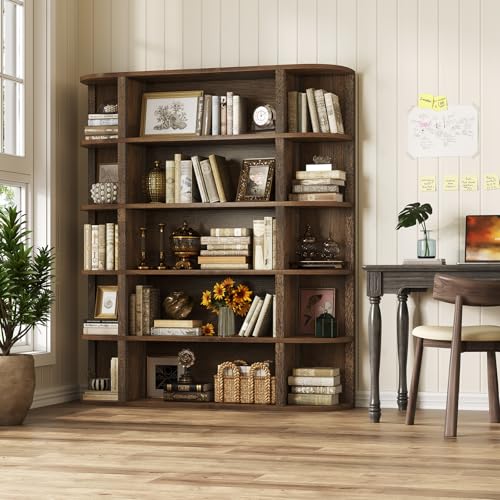 TVU 5-Tier Wood Book Shelf, 47" Wide Large Bookshelf and Bookcase, 62" Tall Bookshelf with Curved Side Shelves, Freestanding Wood Display Book Shelves for Living Room, Home Office, Walnut
