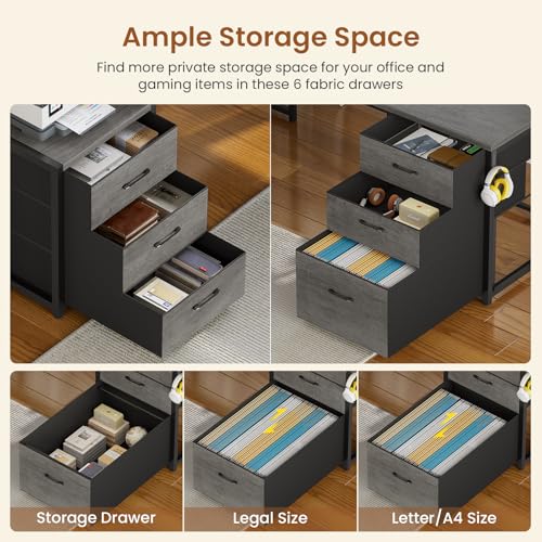 SEDETA Reversible L Shaped Gaming Desk with 6 Drawers, Hutch, Led Lights - color: Grey