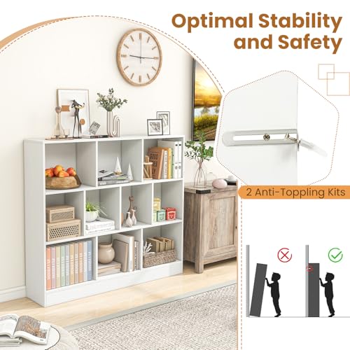 LDAILY 10 Cubes Book Shelf, 3 Shelf Bookcase Cabinet with 10 Compartments, Strong Base and Closed Back, Open Shelf Storage Organizer Bookshelf for Living Room, Bedroom, Office & Hallway (White)