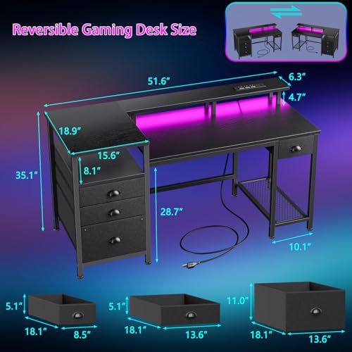 Furologee 52" Gaming Desk with 4 Drawers & LED Lights, Power Outlet, Black - color: Black, size: 52 Inch
