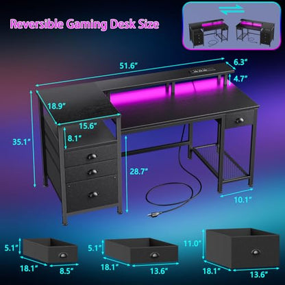 Furologee 52" Gaming Desk with 4 Drawers & LED Lights, Power Outlet, Black - color: Black, size: 52 Inch